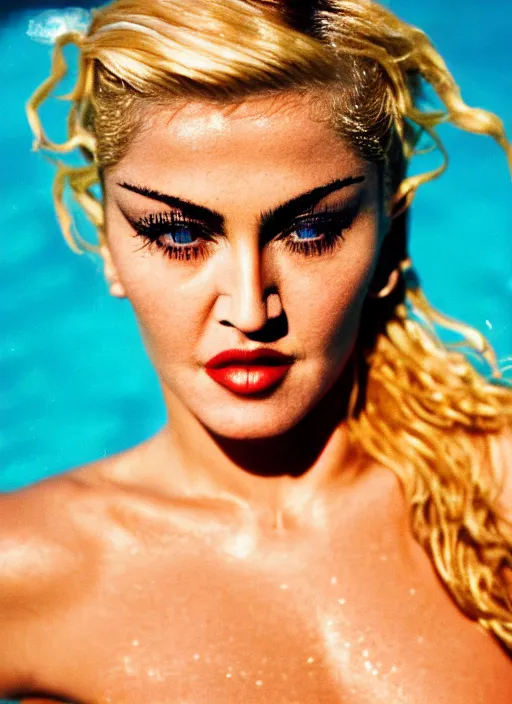 Prompt: A close up head portrait photography of female swimsuit model, Madonna, in a gold one piece swimsuit, stylized make-up on face, a retro swimming pool in background. by Cameron Hammond. 1980s magazine style. Cinematic. Natural Light Golden Hour, Kodak Portra 400. Lens flare. 85mm, ƒ1.8