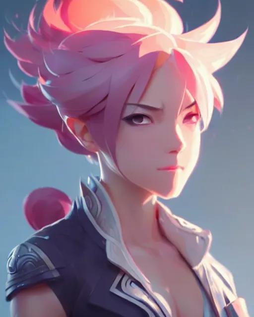 Image similar to vi from league of legends, detailed perfect face, exquisite details, fire magic, mid view, design on a white background, by studio muti, greg rutkowski makoto shinkai takashi takeuch studio ghibli