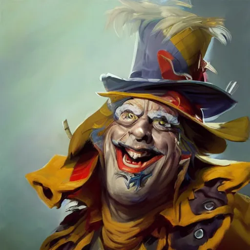 Image similar to greg manchess portrait painting of partially armored mad hatter from alice in wonderland as overwatch character, wacky, medium shot, asymmetrical, profile picture, organic painting, sunny day, matte painting, bold shapes, hard edges, street art, trending on artstation, by huang guangjian and gil elvgren and jesper ejsing