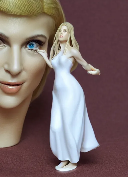 Prompt: 80mm resin detailed miniature of a beautiful mature lady, clothed in white dress, olive skin, long blond hair, beautiful bone structure, symmetrical facial features, Product Introduction Photos, 4K, Full body