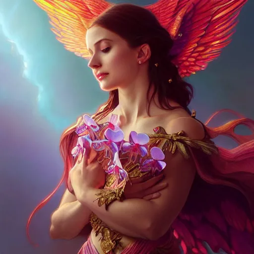 Image similar to a beautiful orchid phoenix angel woman, in an ornamented dress with large wings, volumetric light, god rays, 8 k high resolution, rubies, by greg rutkowski, artgerm, alphonse mucha