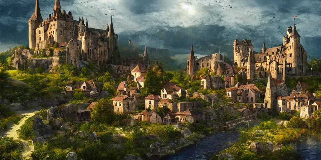 Image similar to landscape with a medieval gothic castle and a medieval village in a valley, hyperrealistic, realistic, photorealistic, dynamic lighting, highly detailed, cinematic landscape, studio landscape, studio lighting