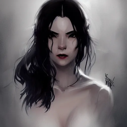 Image similar to female human vampire witch in the style of greg rutkowski, makoto shinkai, trending on artstation, character design, concept art, pretty face, highly detailed, long black hair, portrait, digital art