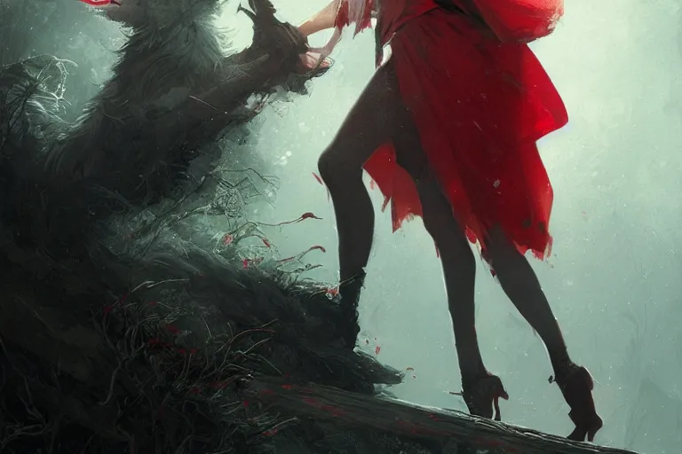 Prompt: red riding hood, wolf, close up, sunlit, paint texture, digital painting, highly detailed, artstation, sharp focus, illustration, concept art, ruan jia, charlie bowater, tom bagshaw, norman rockwell