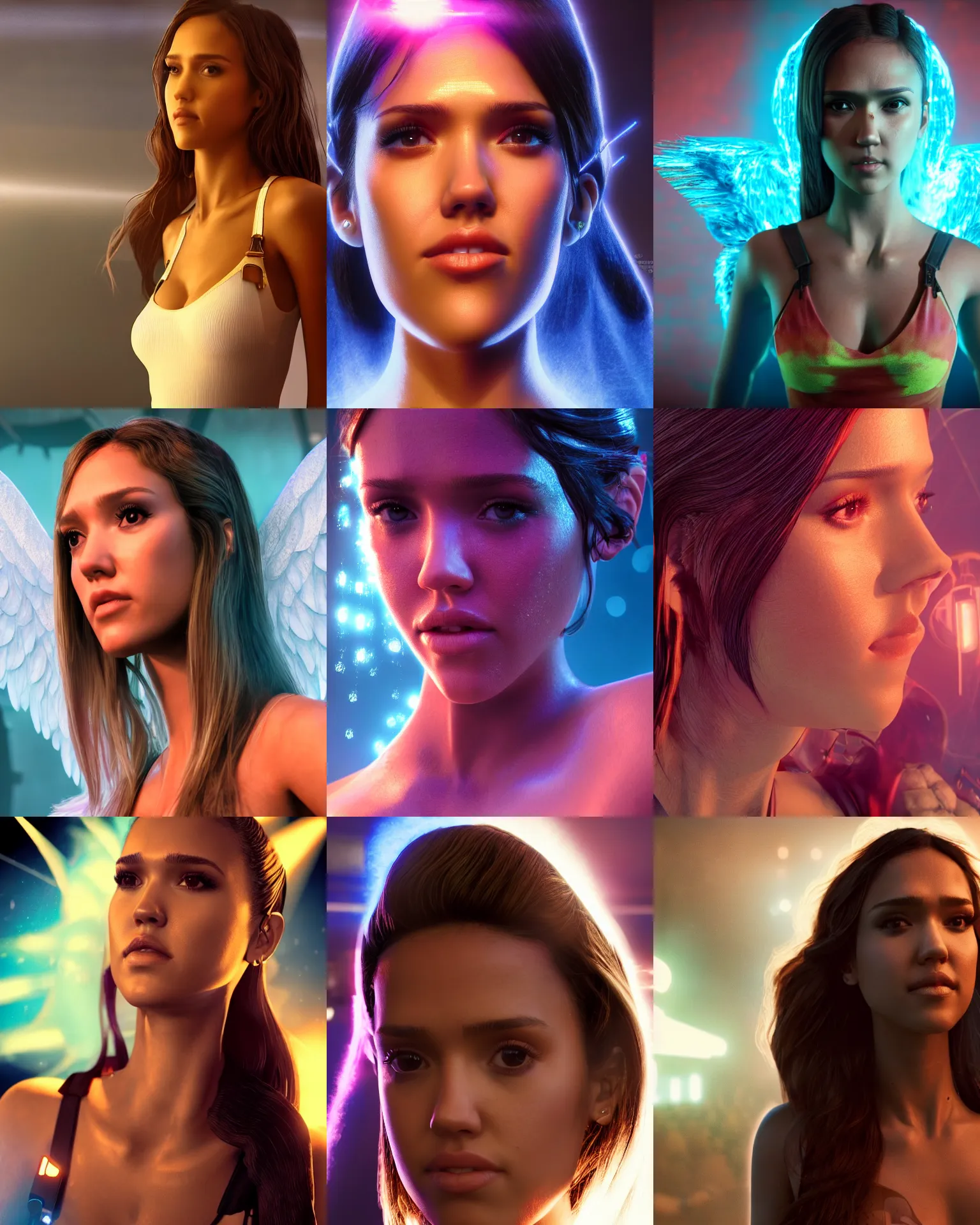 Prompt: jj abrams movie still body portrait of young woman jessica alba as an edc rave angel girl in line at the dmv, octane render, anime, trending on artstation, unreal engine, volumetric lighting, concept art, sci-fi, photoreal, sweating, pouty face, looking at camera