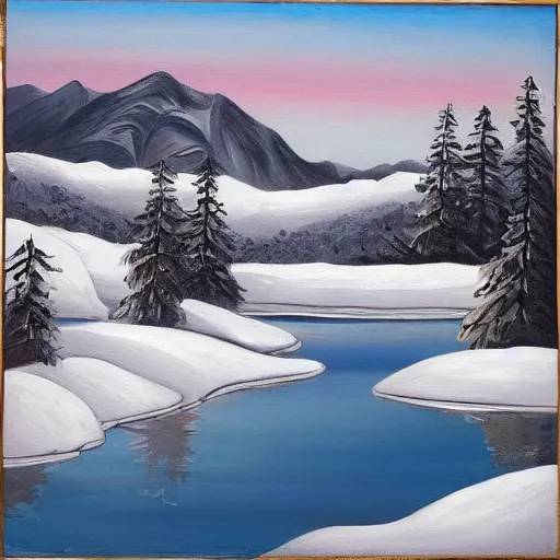 Image similar to This painting shows a winter scene in a mountainous area. The snow is thickly piled against the trees, which are reflected in the surface of the frozen lake. The mountain peak is in the distance, and the sky is painted in a swirling pattern of grey and white clouds