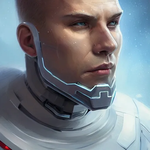 Prompt: portrait of a shocked man by greg rutkowski, he is about 3 0 years old, short blond hair, athletic and strong, straight jaw, wearing futuristic space gear, highly detailed portrait, digital painting, artstation, concept art, smooth, sharp foccus ilustration, artstation hq.