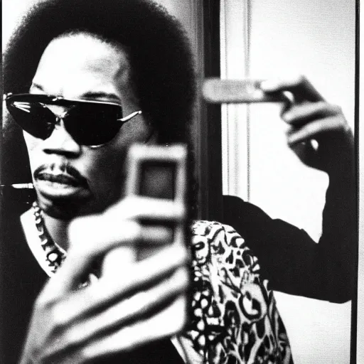 Image similar to film photo of jimmy hendrix taking a self portrait in a hotel room mirror, old photo, disposable camera