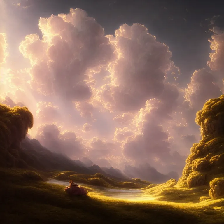 Image similar to beautiful landscape, sunny sky with fluffy clouds, iredescent soft glow bloom effect, dream - like, baroque portrait painting, perfect composition, beautiful detailed intricate detailed octane render, unreal engine 5, trending on artstation, 8 k, photorealistic, volumetric cinematic perfect light, chiaroscuro, masterpiece, raphael, caravaggio, beksinski, giger