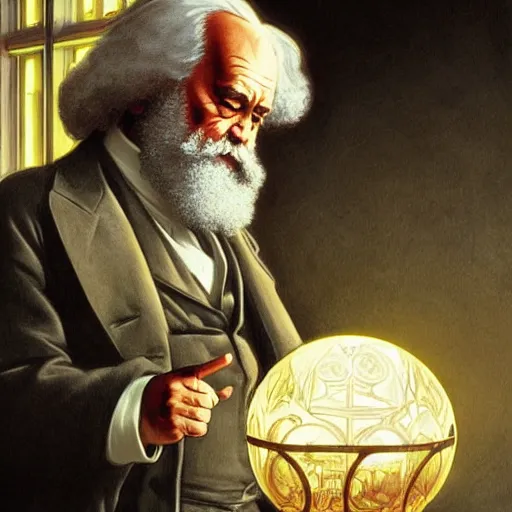 Image similar to Karl Marx pondering his orb, highly detailed, digital painting, artstation, concept art, smooth, sharp focus, illustration, art by todd lockwood and magalie villeneuve and alan lee and artgerm and greg rutkowski and alphonse mucha