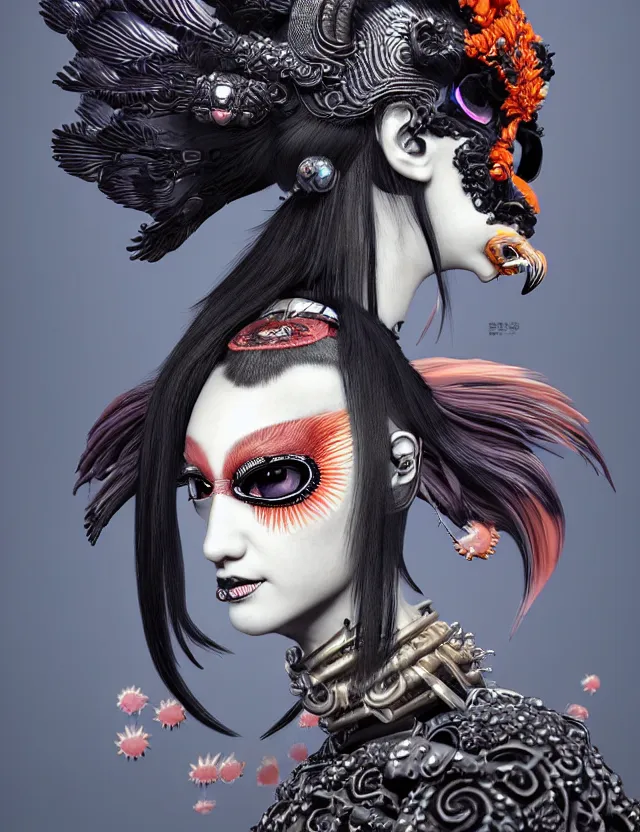 Image similar to 3 d goddess close - up profile portrait punk with mohawk with ram skull. beautiful intricately detailed japanese crow kitsune mask and clasical japanese kimono. betta fish, jellyfish phoenix, bio luminescent, plasma, ice, water, wind, creature, artwork by tooth wu and wlop and beeple and greg rutkowski