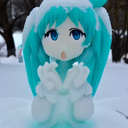 Prompt: Realistic ice sculpture of Hatsune Miku doing a cute pose outside, ice sculpture, outside, snow, winter, high definition