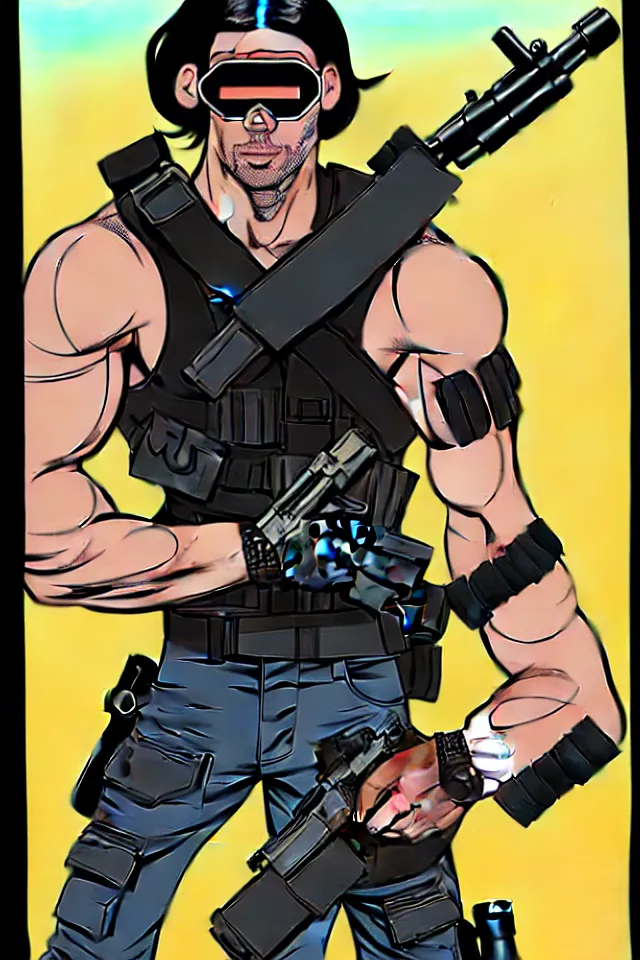 Image similar to muscular man, black vest with no shirt underneath, goggles around his neck, cargo pants, ammo belt, holding a blaster, long black hair in a ponytail, five o' clock shadow, comic book art, full body shot