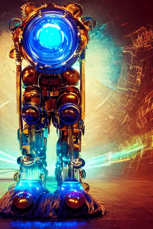 Prompt: portrait photo of a giant huge golden and blue metal steampunk robot with gears and tubes, robot is made of vaccuumcleaner, on the wet floor are mop and bucket, eyes are glowing red lightbulbs, shiny crisp finish, 3 d render, 8 k, insaneley detailed, fluorescent colors, background is multicolored lasershow