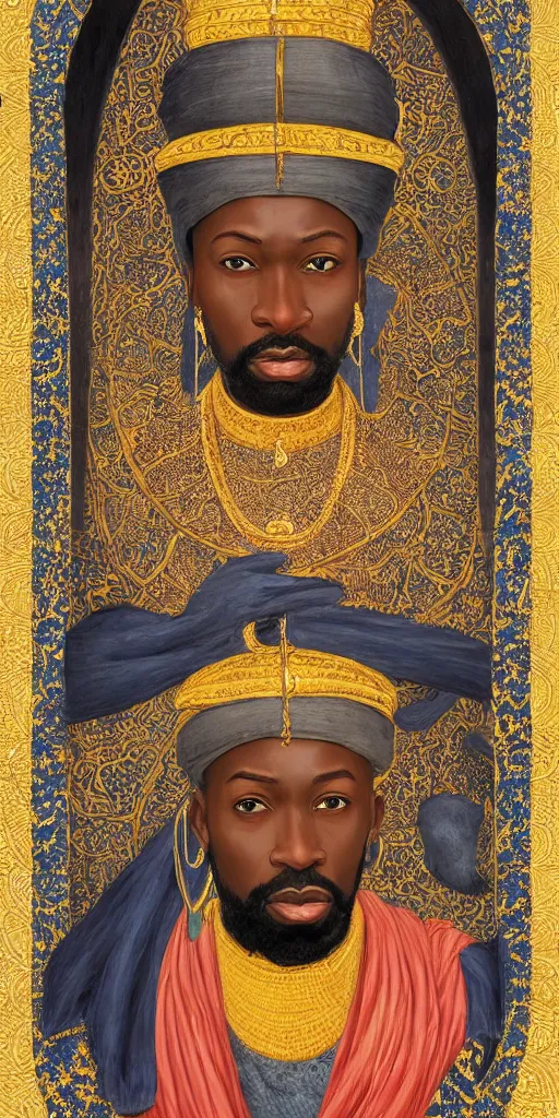 Image similar to a stunning and noble highly detailed romantic period style portrait of mansa musa by josep tapiro baro and harles sillem lidderdale, trending on artstation, oil painting masterpiece, symmetry, rule of thirds, mysterious, photorealistic, very very very aesthetic, african iconography