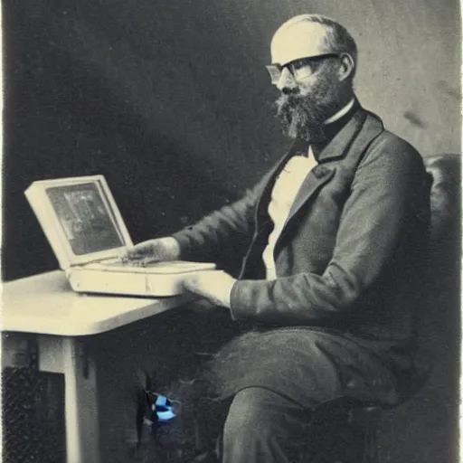 Image similar to old polaroid depicting a scientist from the 1 9 th century working at a modern day laptop