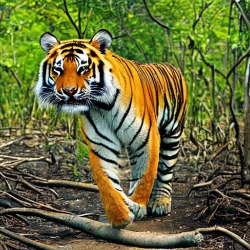 Prompt: wildflife photograph of a tiger walking in a mangrove forest