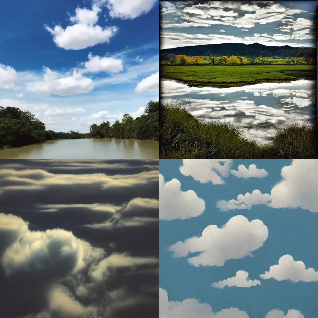 Prompt: “fluffy cloudscape floating above a winding river”