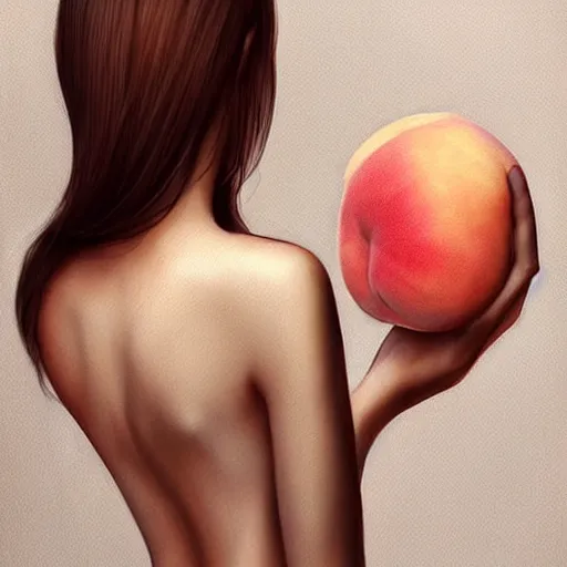 Image similar to Beautiful clothed woman holding a peach, seen from the rear, detailed digital art by WLOP and Artgerm