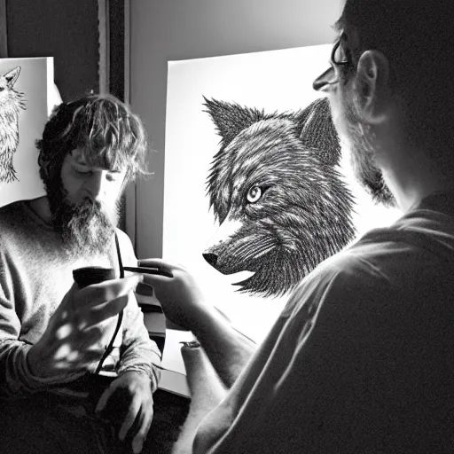 Image similar to photo portrait of drunk hobo artist drawing furries for booze, symmetry, awesome exposition, very detailed, highly accurate, intricate, professional lighting diffracted lightrays, 8 k, sense of awe