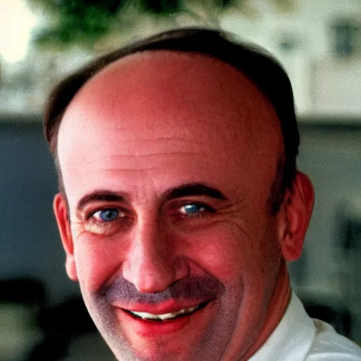 Image similar to color photograph of a balding middle aged brown haired hairy blue eyed round faced Jewish short white man dressed in a white shirt, grey pants and black dress shoes smiling at the camera with closed lips