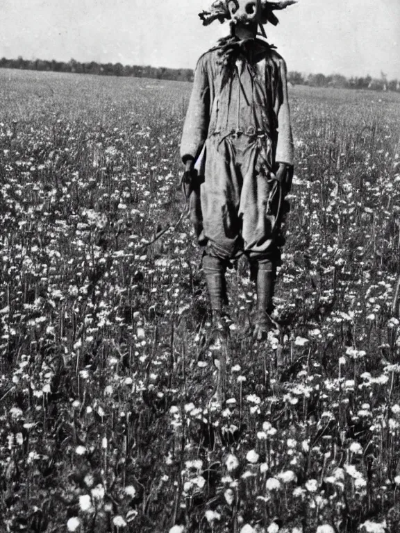 Image similar to human-like scarecrow wearing torn military clothes in beautiful meadow of flowers, ww1 photo, grainy, high detail, high resolution,