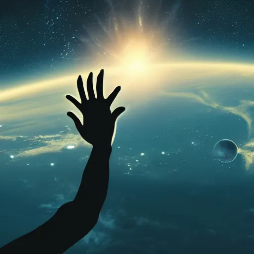 Image similar to 4K ultra HD detailed award-winning wallpaper of silhouette of man reaching his hand towards huge vast sky Earth universe