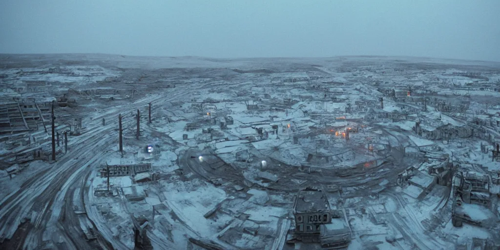 Image similar to cinematic shot of a city in the moon's hollow, norilsk russian orbit city cityscape, telephoto, iconic scene from the paranoid thriller sci fi film directed by stanley kubrick, anamorphic cinematography, beautiful composition, color theory, leading lines, photorealistic, moody volumetric lighting