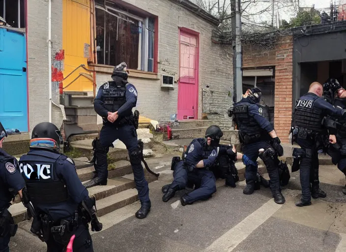 Image similar to Photo of a police raid on a colourful anarchist squat