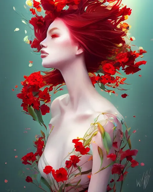 Prompt: red-haired summer goddess in a swirling dress of flowers, floral couture, radiant light, flowery fashion, vortex of petals, by WLOP and artgerm, artstation, deviantart, pixiv