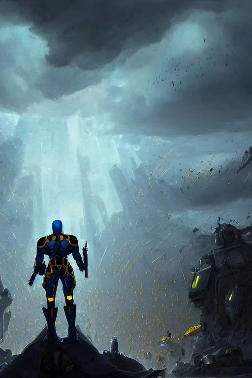 Prompt: a distant shot of a single super soldier with blue and yellow flag and standing alone on a huge pile of human skulls as a winner, masculine figure, D&D, fantasy, epic atmosphere, volumetric lights, beam of bright light through the clouds, intricate, elegant, highly detailed, extremely detailed, digital painting, artstation, concept art, matte, smooth, sharp focus, hyper realistic, illustration, art by Artgerm and Greg Rutkowski and Alphonse Mucha