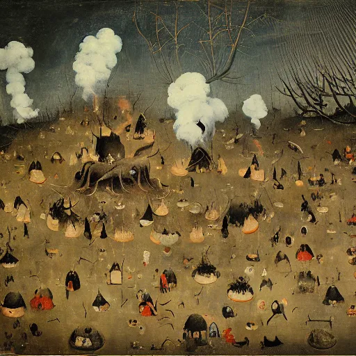 Image similar to a surreal painting by hieronymus bosch of a dark forest of small japanese bonsai trees on fire, smoke in the sky, people standing around screening and running, ominous, oil on canvas