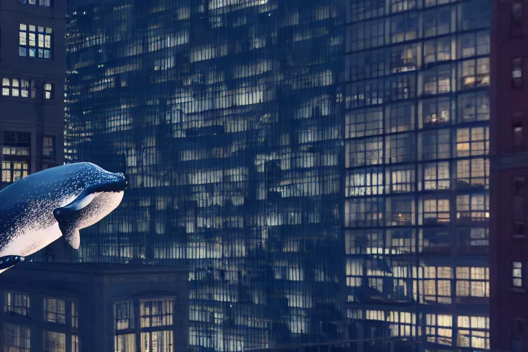 Image similar to whale flying over a building at night time, wearing fashion clothing, id magazine, hyperrealism, detailed textures, photorealistic, newyork city, ultra realistic, cinematic, intricate, cinematic light, unreal engine 5, octane render, david kostic, artgerm