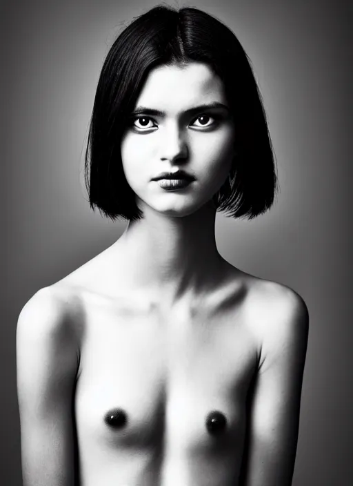 Image similar to black and white portrait photo of beautiful young female model with black hair pinned up, seductive glance, slight smile, symmetric face, symmetric eyes, natural light, low contrast, photo by Peter Lindbergh, 8K