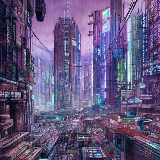 Image similar to researchering impression : cyberpunk chinese cityscape ), by arnold buloweren and lajos gulacsy, line art, speedpainting eternal sunshine of a spotless mind, 8 k resolution