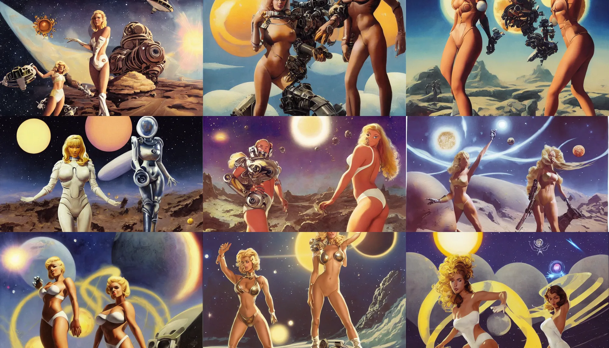 Prompt: A mixed media portrait painting of a beautiful blonde brunette woman exploring an alien planet with three suns, very curvy, aesthetic! high-waisted white-bikini-armor and boots, holding raygun, aesthetic symmetrical face and eyes, model, Scandinavian, wet, discarded mechsuit in background, by Frank Frazetta, Boris Vallejo, Beeple, Greg Rutkowski, Christian MacNevin, eighties-pinup style, epic fantasy character art, high fantasy, CGsociety, exquisite detail, post-processing, masterpiece, cinematic