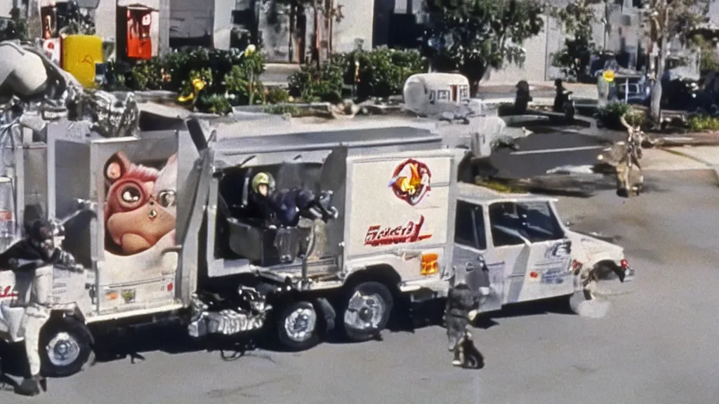 Prompt: Hyperreal Gremlins explode from ejector seats in self aware tokenised milk trucks in downtown silicon valley, film still from banned media Gremlins 3 New World Order, directed by REDACTED circa 1992 | text reads \'Gremlins 3 New World Order\' | Gremlins