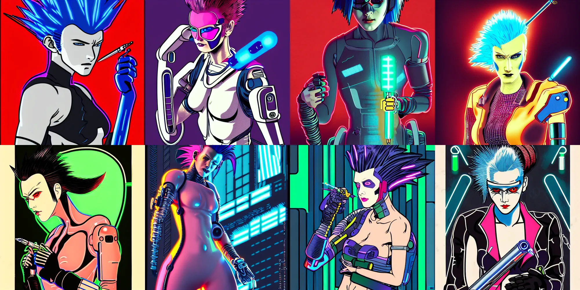 Prompt: cyberpunk, cyborg woman with two toned Mohawk repairing her cybernetic arm with a sonic screwdriver, detailed, ukiyo-e, neon, Sergiy Polobyuk, Vitaliy Bondarchuk, ghost in the shell,