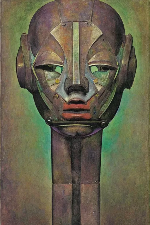 Image similar to the robot in her mechanical mask,by Annie Swynnerton and Diego Rivera, symbolist, dramatic lighting, elaborate geometric ornament, Art Brut, bioluminescent, soft blues and greens,smooth, sharp focus, extremely detailed, Adolf Wölfli