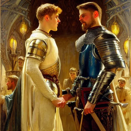 Image similar to attractive fully clothed arthur pendragon confesses his love for his attractive fully clothed male knight. highly detailed painting by gaston bussiere and j. c. leyendecker 8 k