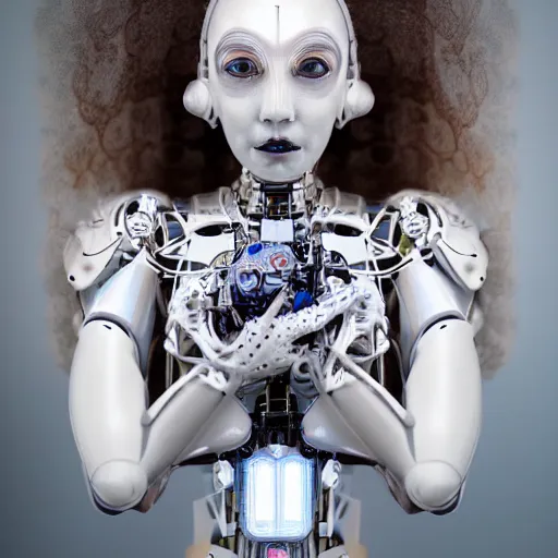 Image similar to beautiful centered fine art photo portrait of romantic beautiful girl as a solarpunk robotic humanoid, mechanical parts with led lights, pudica pose, photorealistic, white background, highly detailed and intricate, soft box lighting, hdr 8 k