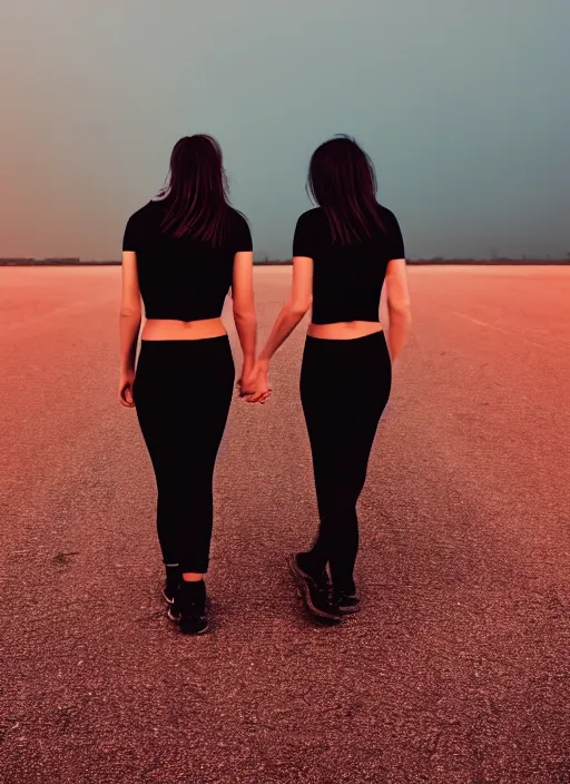 Image similar to cinestill 5 0 d photographic portrait of 2 women holding hands, wearing black techwear in front of a brutalist brushed metal building, closeup, on a desolate plain with a red sky, dystopia, cyberpunk, closeup, depth of field, 4 k, 8 k, hd, full color