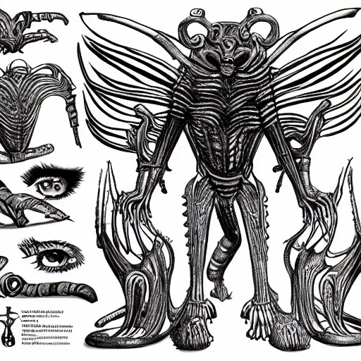 Image similar to Tiger man inspired by HR Giger, Character reference Sheet