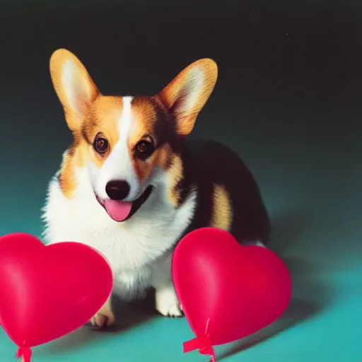 Prompt: a corgi with a heart shaped balloon, high quality, sharp focus, photo by annie leibovitz