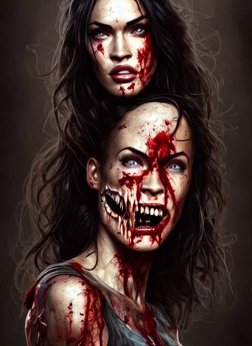 Image similar to portrait of megan fox as bloodthirsty damaged toothsome zombie, once upon a time, open mouth with sharp bloody teeth, intricate, headshot, highly detailed, digital painting, artstation, concept art, sharp focus, cinematic lighting, illustration, art by artgerm and greg rutkowski, alphonse mucha, cgsociety