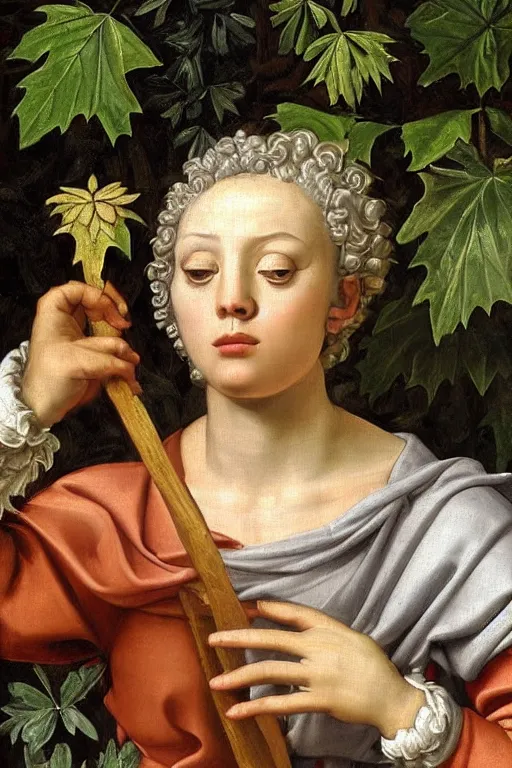 Image similar to renaissance painting of elder in the garden, closeup, short silver hair, a wise face, emotions closeup, dressed in roman armour, the beautiful garden with oak leaves everywhere, ultra detailed, art by Guido Reni style, Vincenzo Catena style