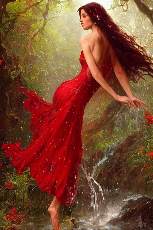 Image similar to portrait of a beautiful woman wearing a red dress, drenched body, wet dripping hair, emerging from the water, fantasy, regal, fractal crystal, fractal gems, by stanley artgerm lau, greg rutkowski, thomas kindkade, alphonse mucha, loish, norman rockwell ross tran