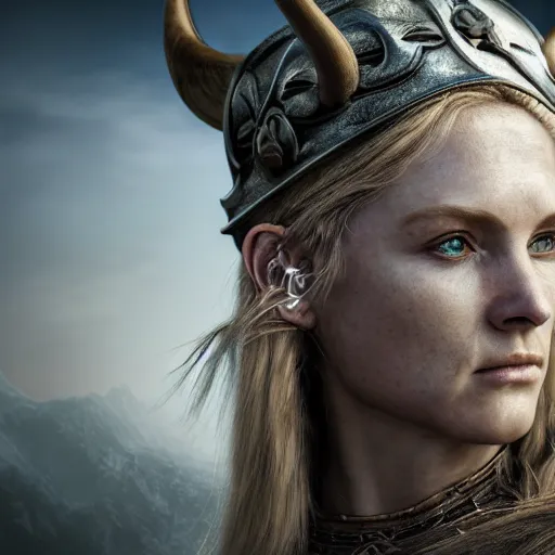 Prompt: Ultrawide realistic photo of a majestic viking woman, unbothered, mind-blowing details, hyperrealism, highly detailed face, ethereal, sadness, luxury, ominous, highly detailed, viking attire, cinematic, 16k, 1080s, smooth, sharp focus, by Stanley Artgermm, WLOP, trending on DeviantArt, trending on ArtStation, digital art, Smooth gradients, depth of field, shot on Canon Camera