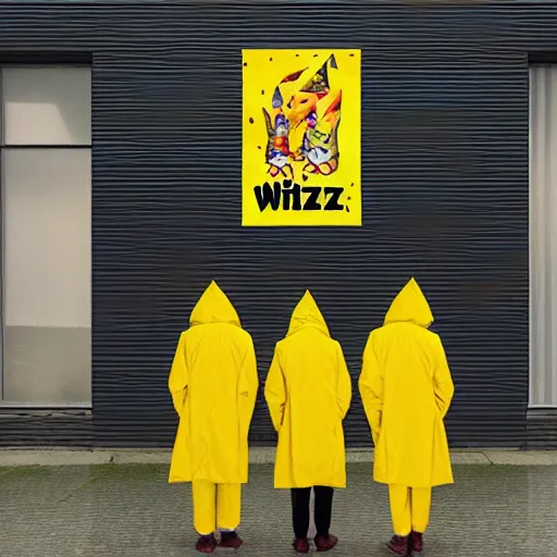 Prompt: cat wizards dressed in yellow raincoats. A banner that reads 'Wiz Biz only, Fools' adorns the back wall. Hypermaximalistic, hyper detailed 4k resolution photo realistic