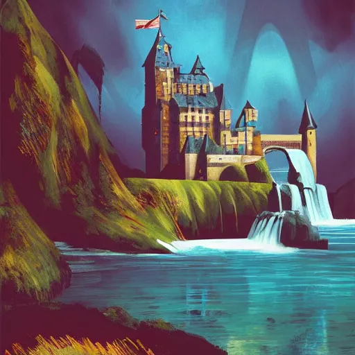 Prompt: a painting of a castle with a waterfall in front of it. digital painting, vertical, intricate, beautiful, detailed, grunge, sharp focus, abstract art by kuvshinov and el lissitzky and artgerm and kandinsky, trending on artstation. blue, dark red and dark purple color scheme, gradient darker to bottom